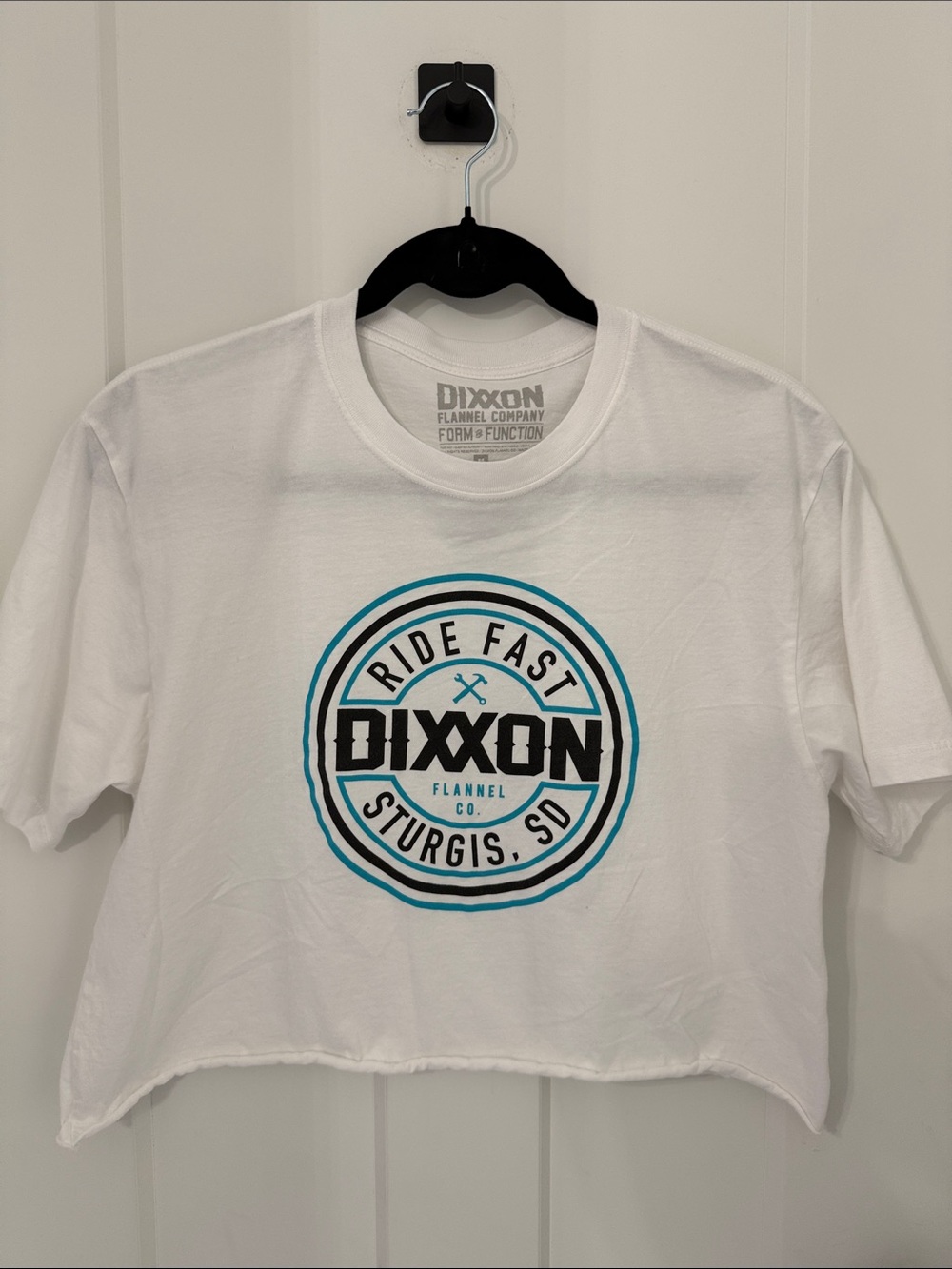 DIXXON White Crop Tee with Turquoise & Black Ride Fast Logo